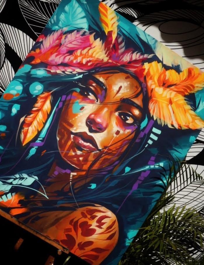 Vibrant portrait painting by Daniel Acosta León featuring a woman surrounded by colorful feathers, expressive brushwork, and bold tropical colors inspired by nature, culture, and contemporary illustration. Vibrant portrait painting by Daniel Acosta León featuring a woman surrounded by colorful feathers, expressive brushwork, and bold tropical colors inspired by nature, culture, and contemporary illustration.