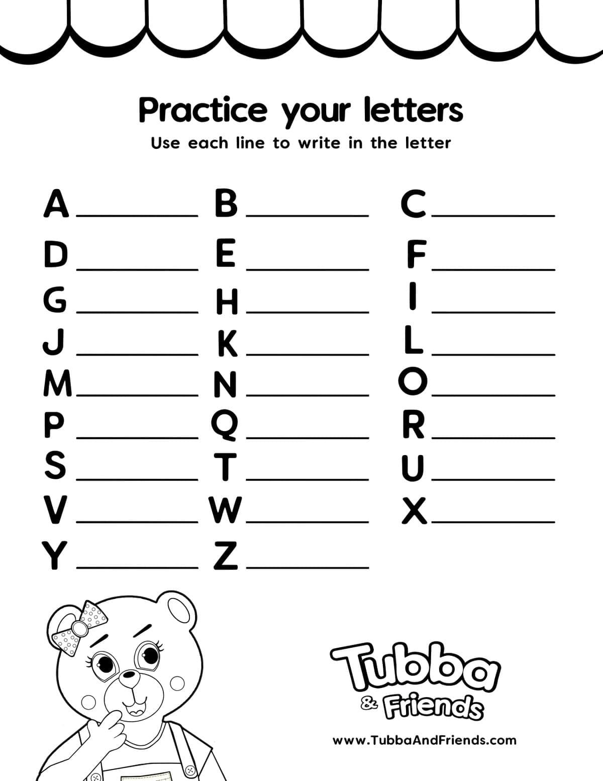 ubba Bear pointing at letters in a fun alphabet learning activity page for kids ubba Bear pointing at letters in a fun alphabet learning activity page for kids