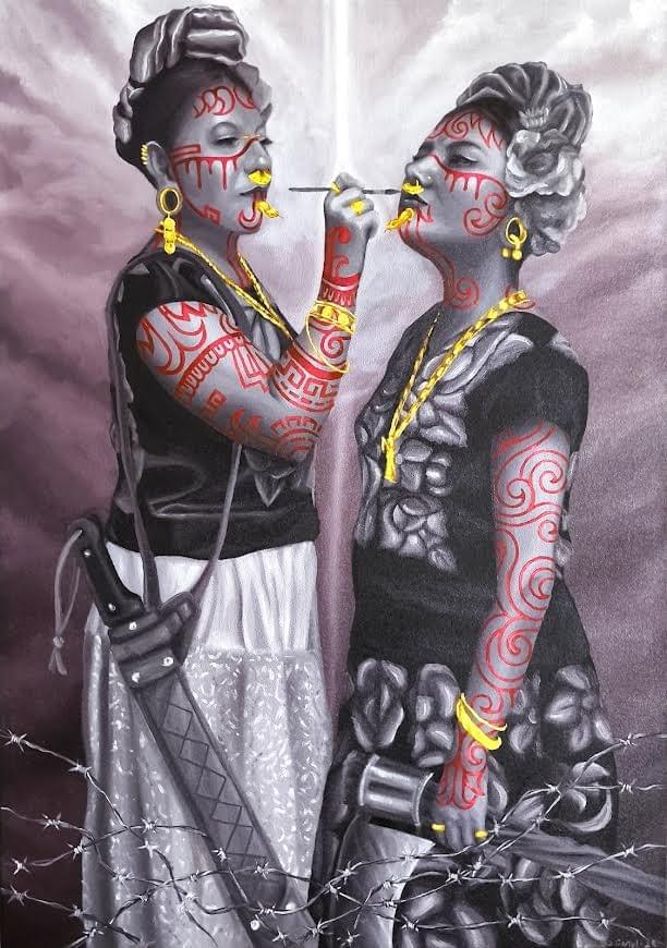 Black and grey painting by Tlacolulokos featuring two Indigenous women with red symbolic markings and gold jewelry, blending ancestral identity, contemporary style, and themes of resilience and cultural pride against a dramatic background of barbed wire Black and grey painting by Tlacolulokos featuring two Indigenous women with red symbolic markings and gold jewelry, blending ancestral identity, contemporary style, and themes of resilience and cultural pride against a dramatic background of barbed wire