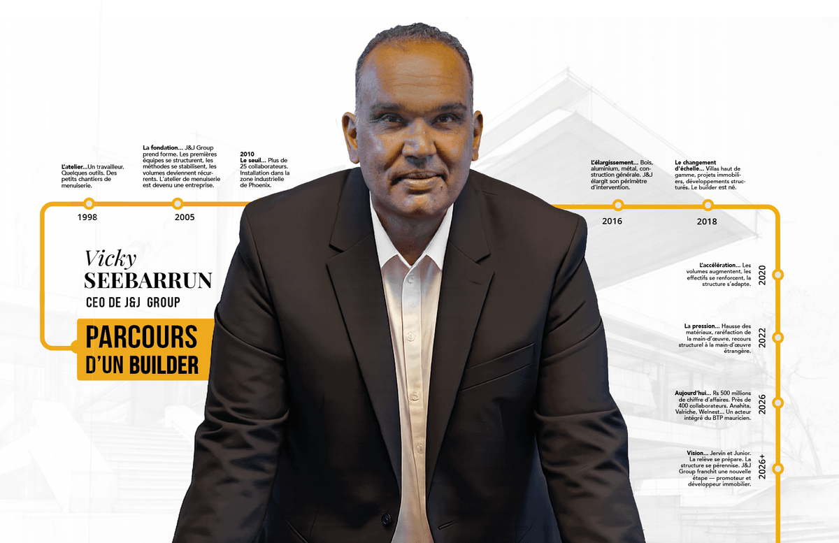 Portrait éditorial du CEO de J&J Group illustrant les principales étapes de son parcours dans la construction à Maurice. Portrait éditorial du CEO de J&J Group illustrant les principales étapes de son parcours dans la construction à Maurice.