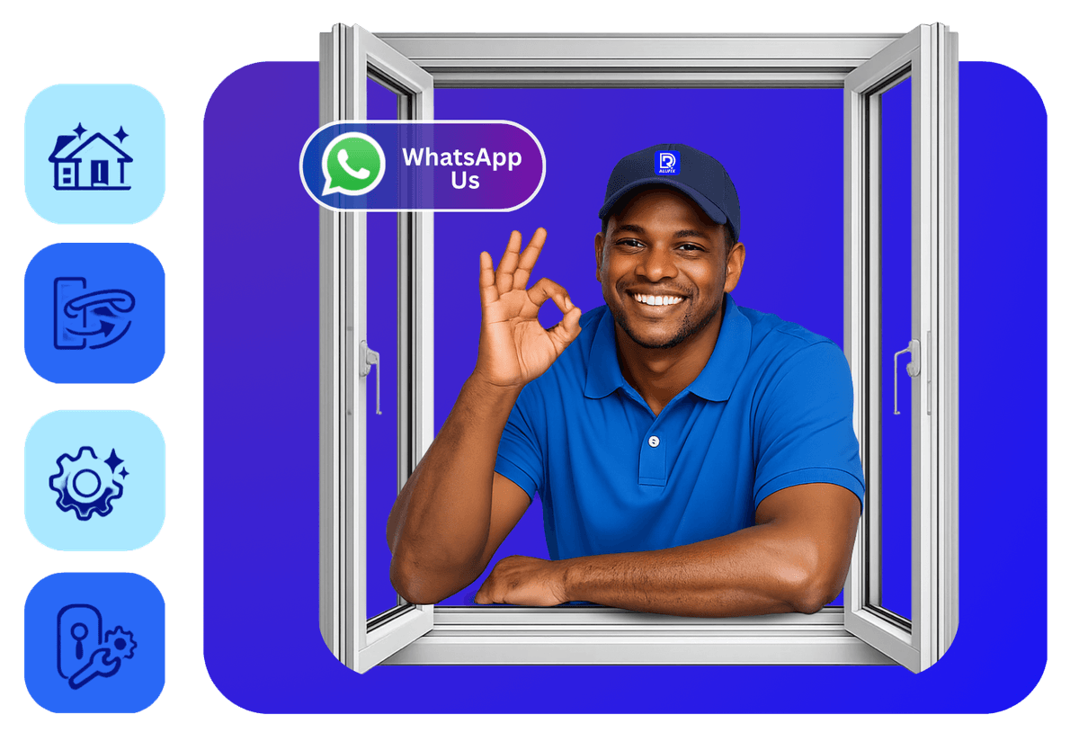 Technicien DR Alufix souriant dans une fenêtre en aluminium, contactez-nous sur WhatsApp pour la réparation et l'entretien de vos fenêtres et portes à Maurice Technicien DR Alufix souriant dans une fenêtre en aluminium, contactez-nous sur WhatsApp pour la réparation et l'entretien de vos fenêtres et portes à Maurice