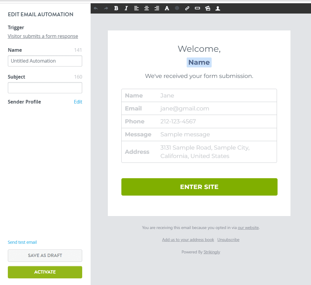 Strikingly automated email editor showing confirmation of a submitted form Strikingly automated email editor showing confirmation of a submitted form
