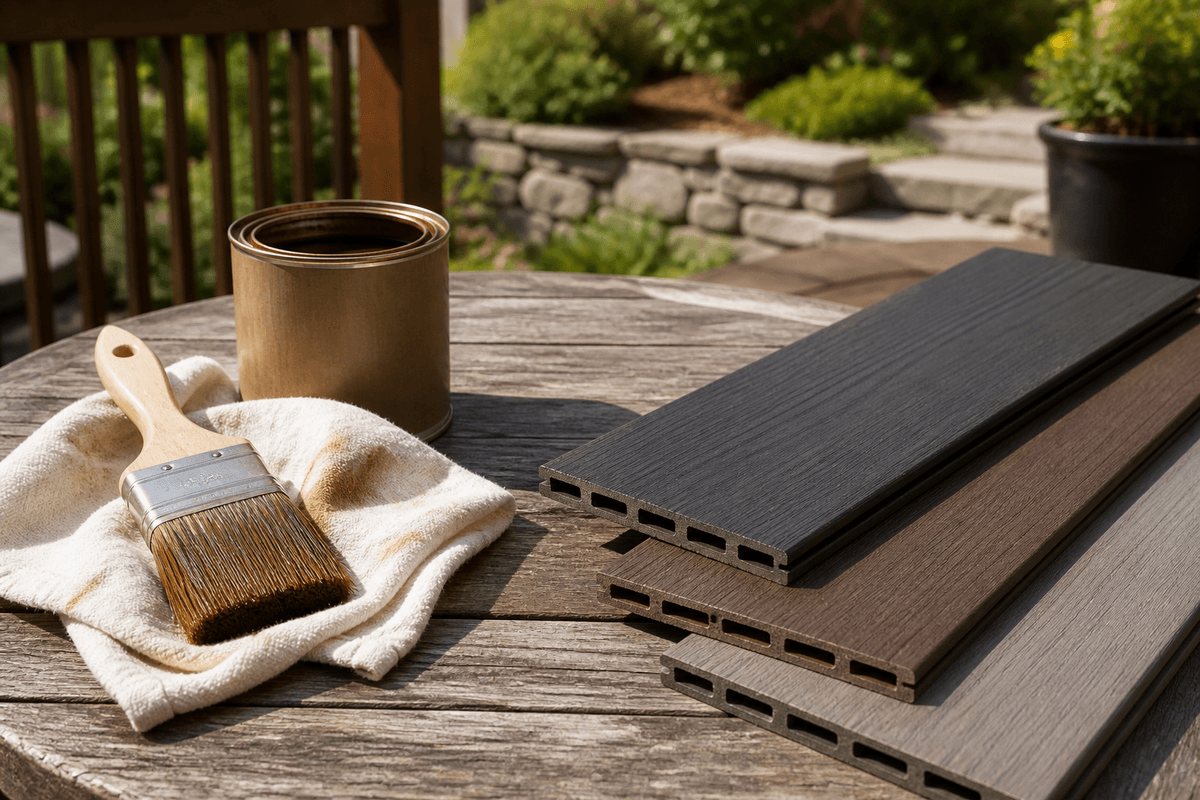 Homeowner comparing old wood deck boards with composite deck samples Homeowner comparing old wood deck boards with composite deck samples