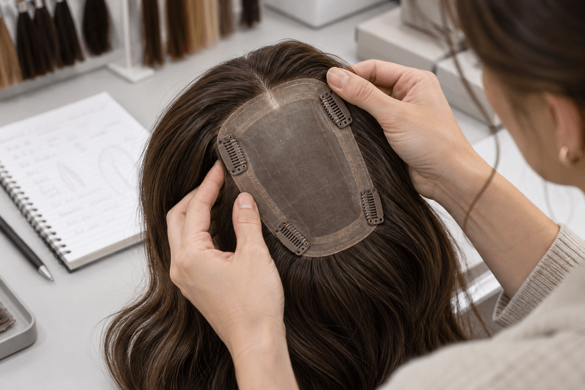 Unprocessed-looking hair samples arranged beside a finished human hair topper for comparison. Unprocessed-looking hair samples arranged beside a finished human hair topper for comparison.