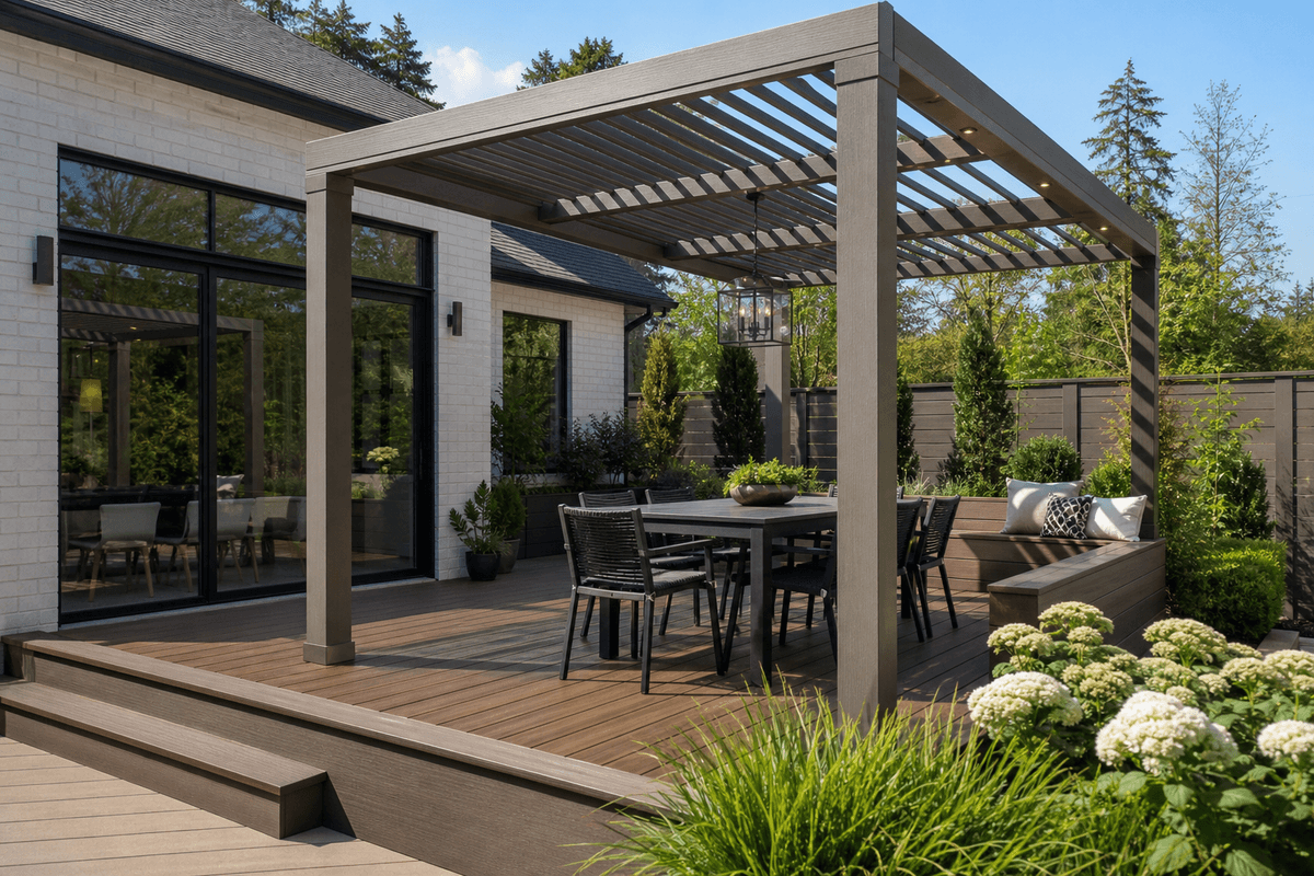 Composite pergola over a coordinated backyard deck Composite pergola over a coordinated backyard deck