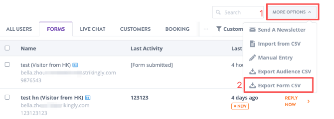 Strikingly Forms view with the Export Form CSV action highlighted for response review Strikingly Forms view with the Export Form CSV action highlighted for response review