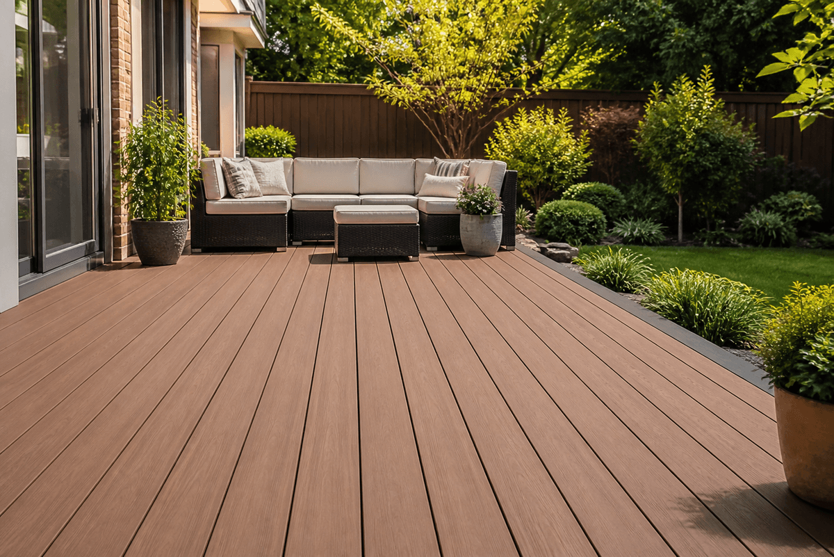 WPC decking boards installed on a clean backyard deck WPC decking boards installed on a clean backyard deck