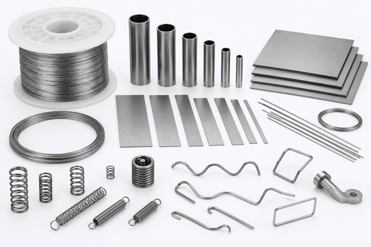 Metal nitinol material family with wire tube sheet and spring samples Metal nitinol material family with wire tube sheet and spring samples