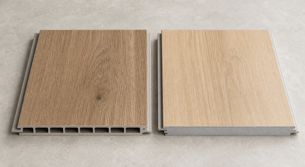 WPC and SPC flooring plank samples compared side by side WPC and SPC flooring plank samples compared side by side