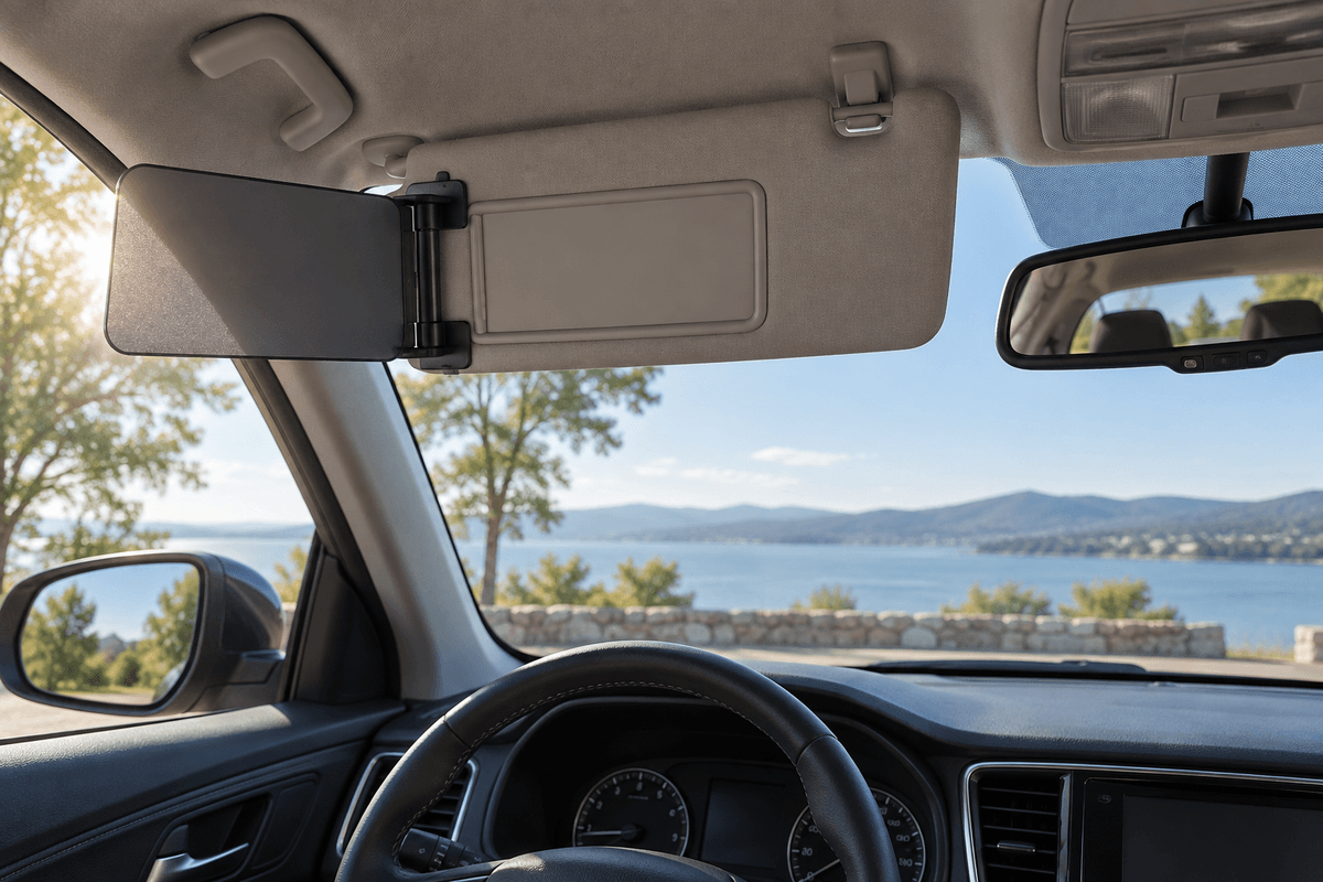 Car sun visor extender clipped to a factory visor while keeping the windshield view clear Car sun visor extender clipped to a factory visor while keeping the windshield view clear