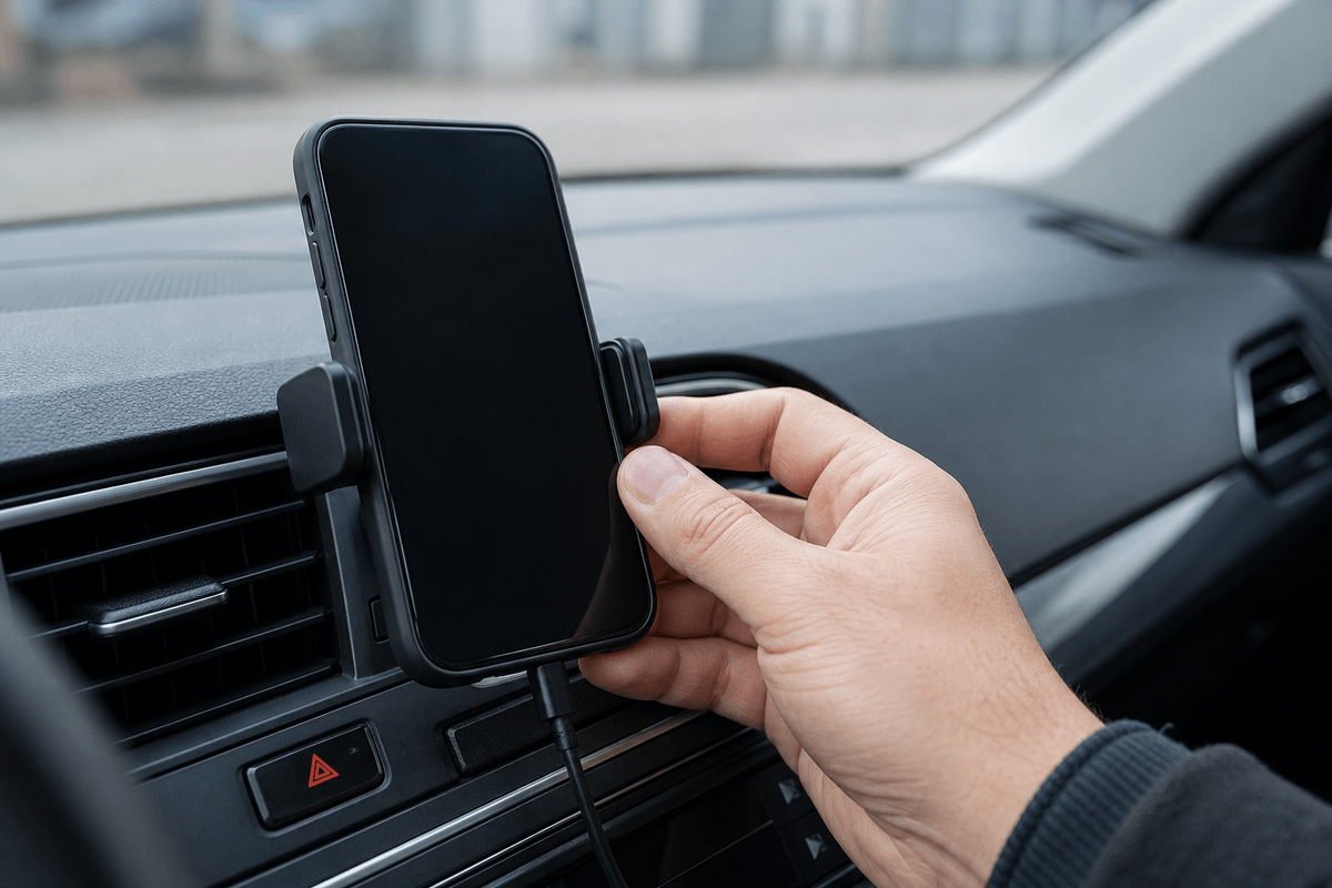 Driver tug testing a phone holder before driving Driver tug testing a phone holder before driving