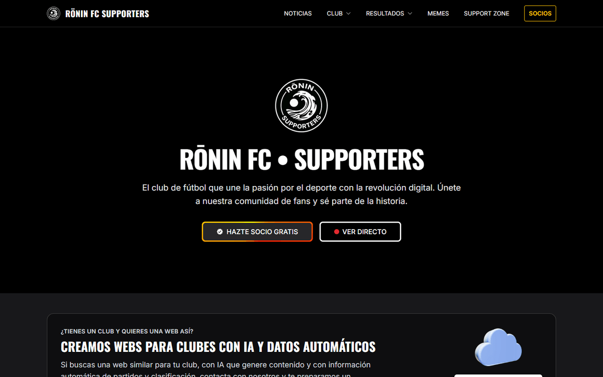 Rönin FC Supporters homepage with membership and live-viewing actions in a black-and-yellow club identity. Rönin FC Supporters homepage with membership and live-viewing actions in a black-and-yellow club identity.
