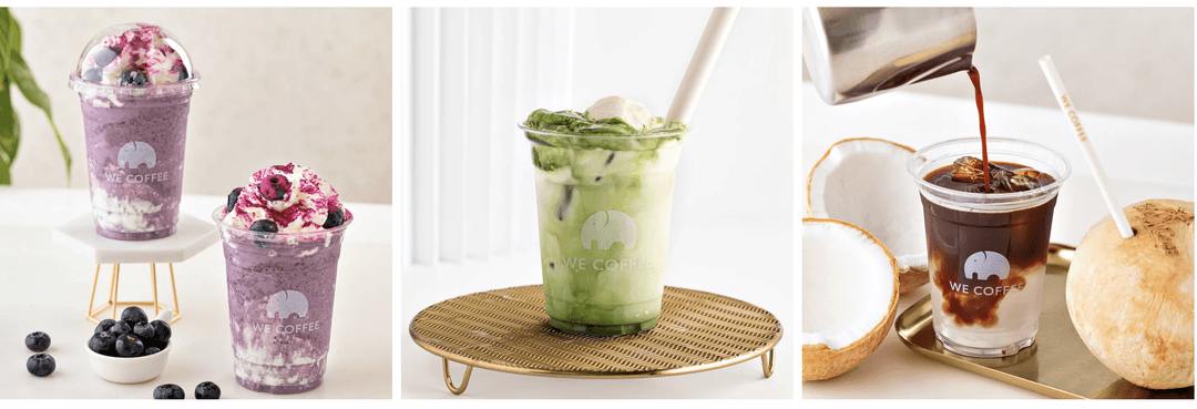 WE COFFEE blueberry drinks, iced matcha, and coconut coffee arranged in three panels. WE COFFEE blueberry drinks, iced matcha, and coconut coffee arranged in three panels.