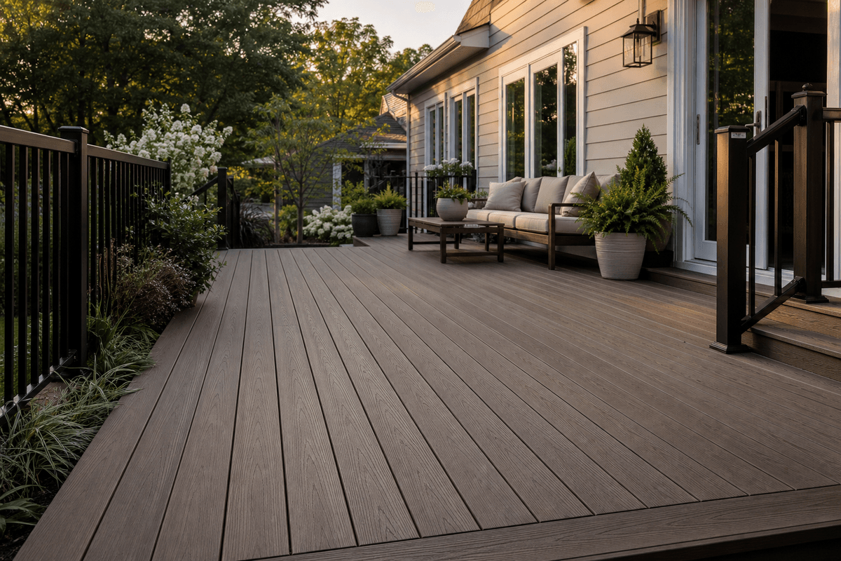 Two-tone wood look composite deck with a dark picture-frame border Two-tone wood look composite deck with a dark picture-frame border