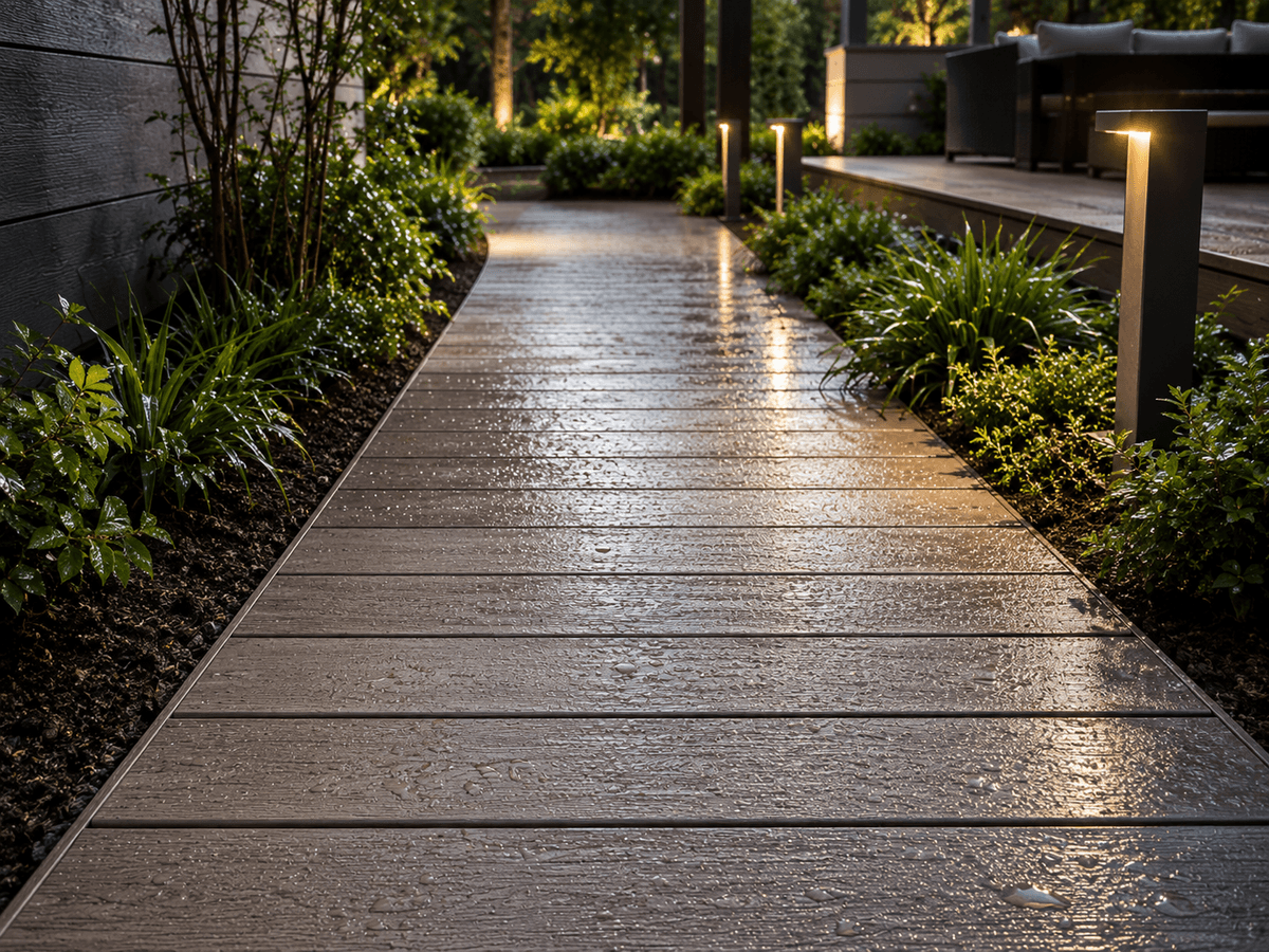 Slip resistant composite decking on a wet outdoor walkway Slip resistant composite decking on a wet outdoor walkway