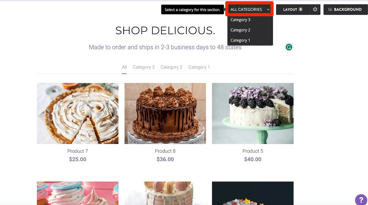 Strikingly store editor selecting a product category for a store section Strikingly store editor selecting a product category for a store section
