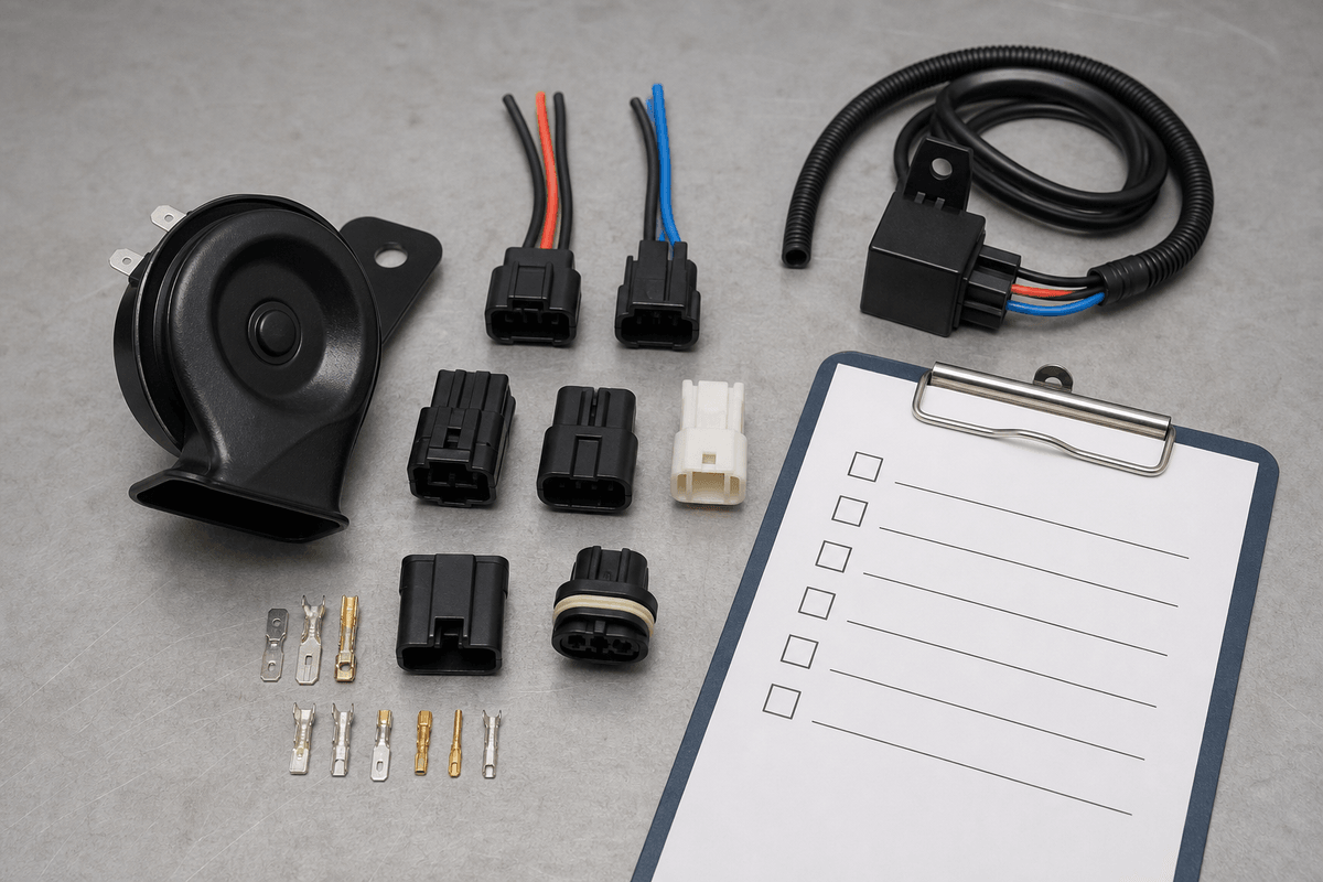Car horn connector types arranged for aftermarket fitment check Car horn connector types arranged for aftermarket fitment check