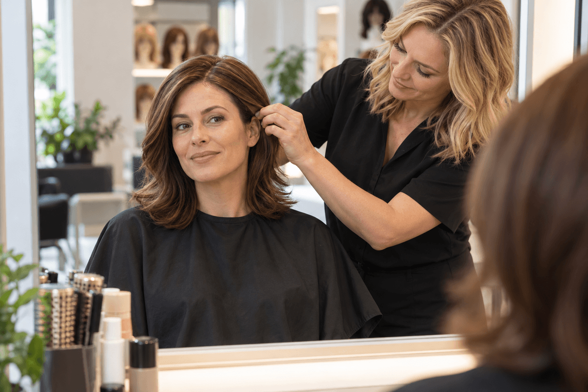 Wig consultation with a customer checking the fit of a brown style in a mirror. Wig consultation with a customer checking the fit of a brown style in a mirror.