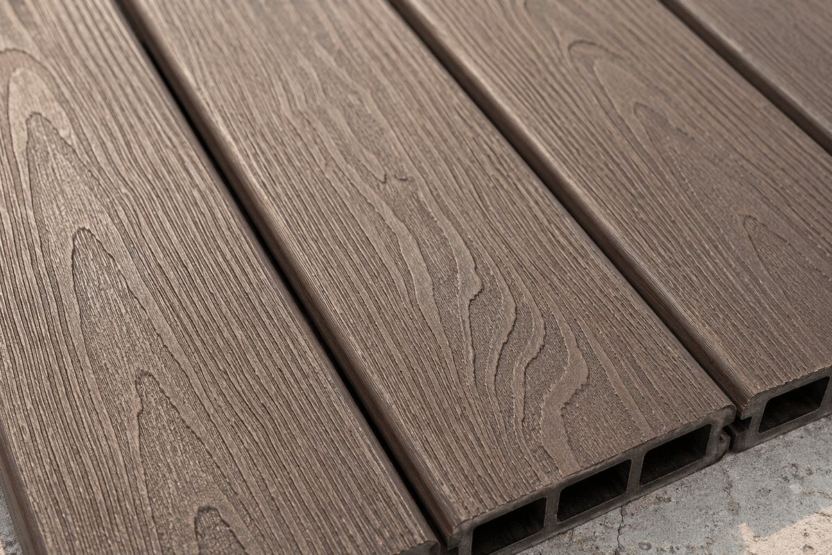 Close-up of composite wood grain and capped surface detail Close-up of composite wood grain and capped surface detail