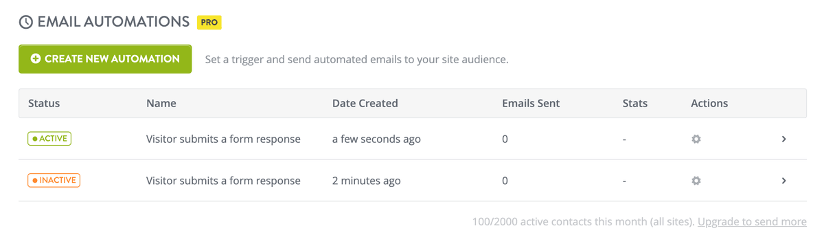 Strikingly Email Automations list showing active and inactive follow-up sequences Strikingly Email Automations list showing active and inactive follow-up sequences