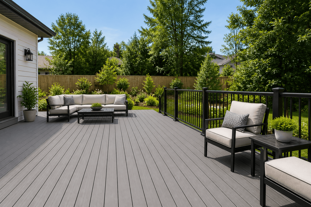 Modern backyard with grey composite decking and black railing Modern backyard with grey composite decking and black railing