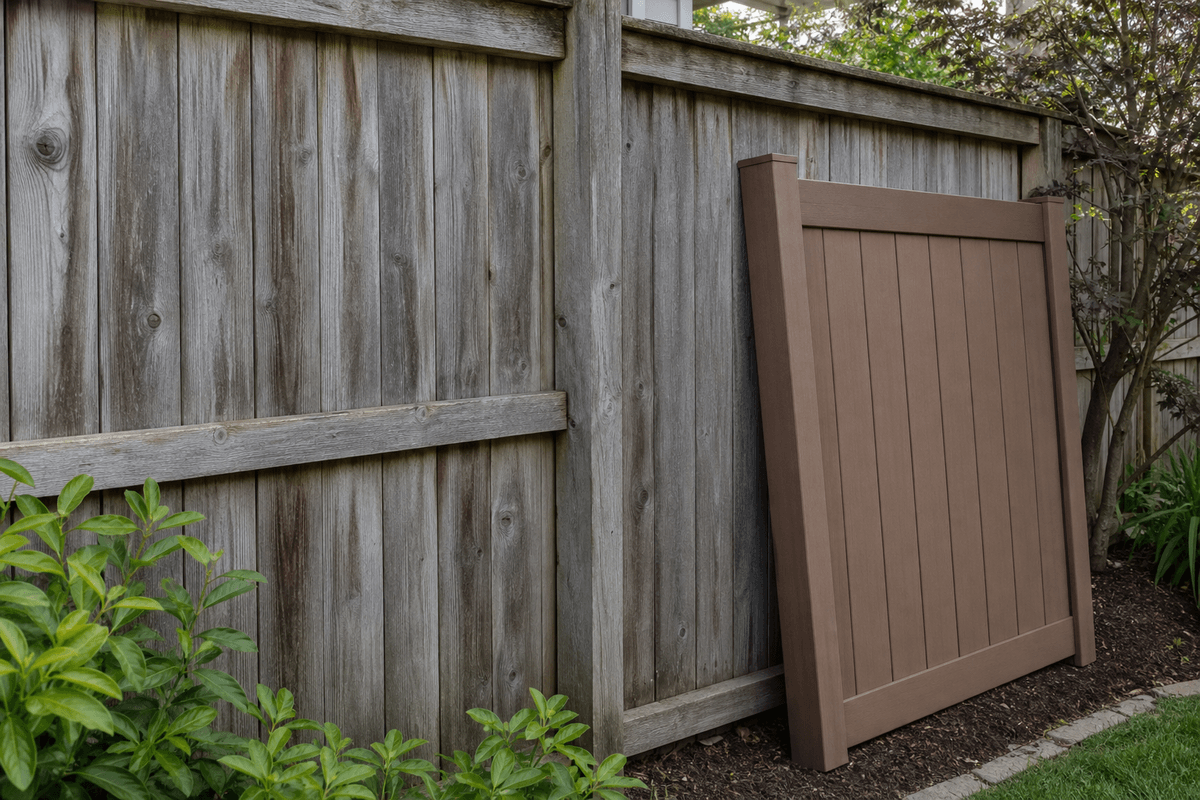 Wood privacy fence showing normal weathering beside clean composite sample Wood privacy fence showing normal weathering beside clean composite sample