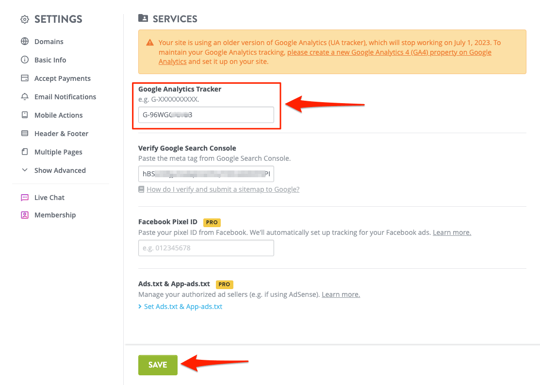 Google Analytics measurement ID field inside Strikingly settings Google Analytics measurement ID field inside Strikingly settings