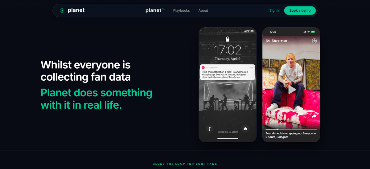 Planet product image showing a live-event notification on a fan's phone. Planet product image showing a live-event notification on a fan's phone.