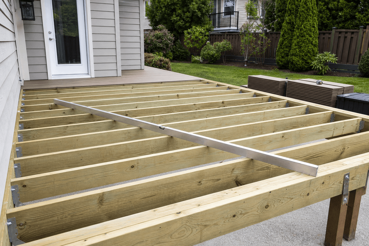 Composite decking frame checked before board installation Composite decking frame checked before board installation
