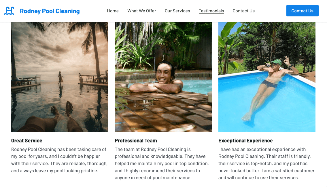 Swimming Pool Cleaning template showing how service proof can sit near a focused customer decision Swimming Pool Cleaning template showing how service proof can sit near a focused customer decision