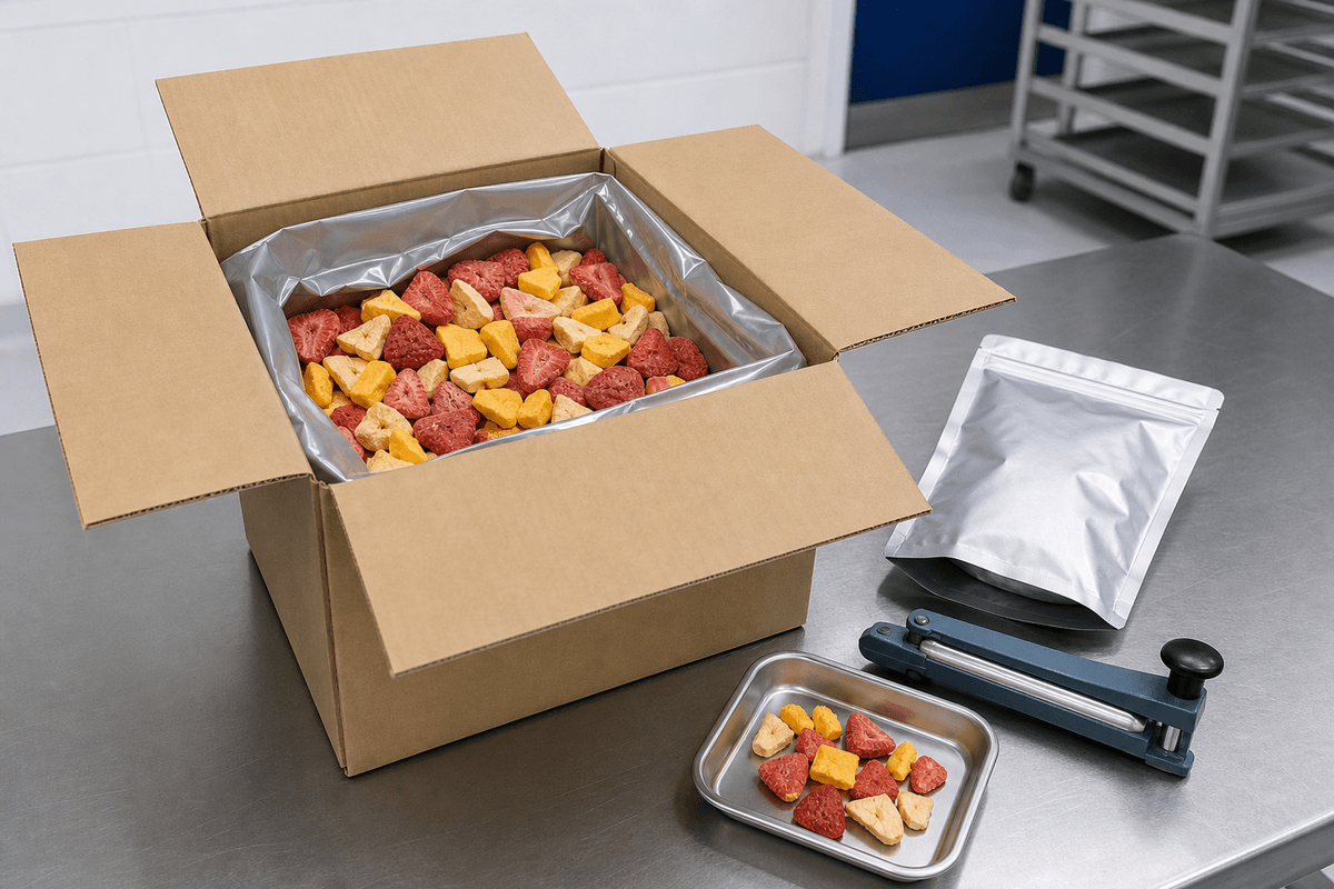 quality-control team preparing freeze-dried fruit samples for moisture testing quality-control team preparing freeze-dried fruit samples for moisture testing