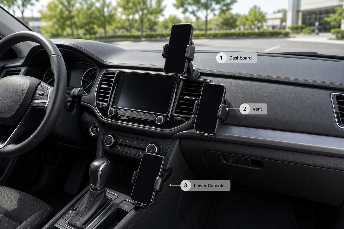 Safe car phone mount placement comparison inside parked vehicle Safe car phone mount placement comparison inside parked vehicle