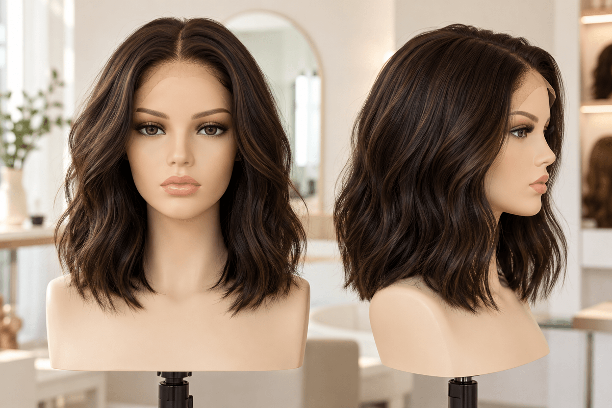 Front and side views of a dark lace-front wig on a mannequin showing its hairline, crown, and side volume. Front and side views of a dark lace-front wig on a mannequin showing its hairline, crown, and side volume.