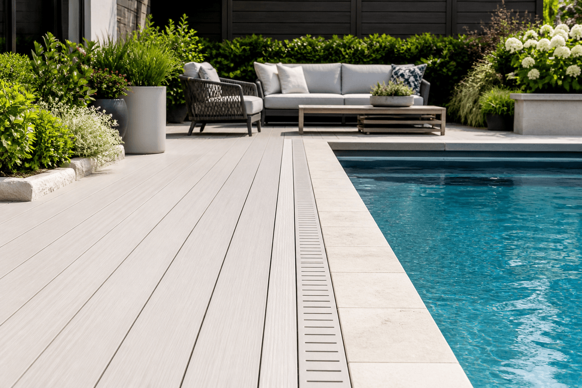 PVC decking around a clean poolside outdoor area PVC decking around a clean poolside outdoor area