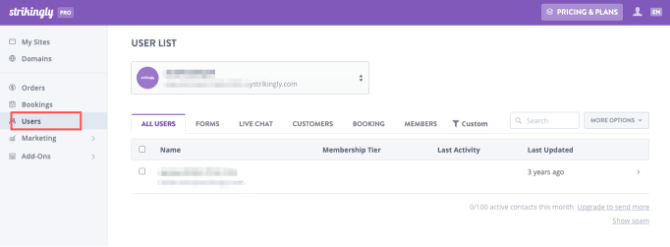 Strikingly Users dashboard with tabs for forms and other audience activity Strikingly Users dashboard with tabs for forms and other audience activity