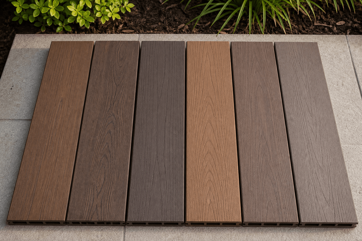Several wood grain composite decking boards compared in natural daylight Several wood grain composite decking boards compared in natural daylight