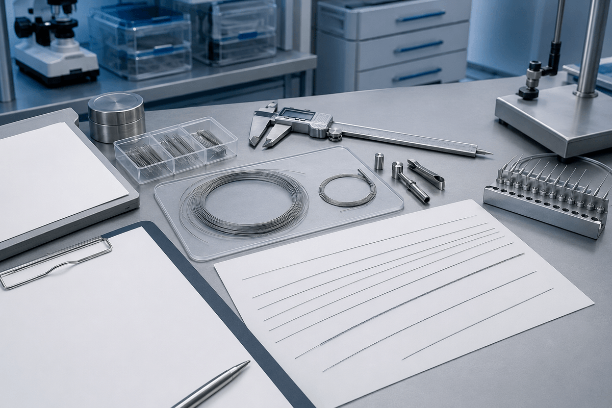 Nitinol guidewire material specification with wire samples and calipers Nitinol guidewire material specification with wire samples and calipers