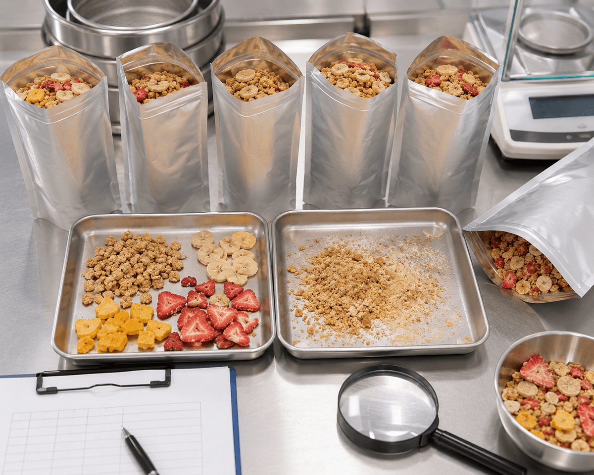 Pouch shake test for granola freeze-dried fruit inclusions Pouch shake test for granola freeze-dried fruit inclusions