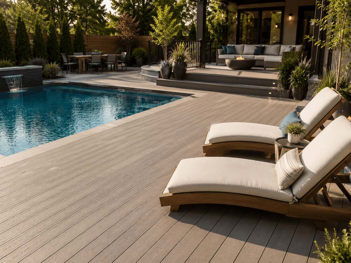 Modern poolside deck layout using composite boards for a clean outdoor living area Modern poolside deck layout using composite boards for a clean outdoor living area