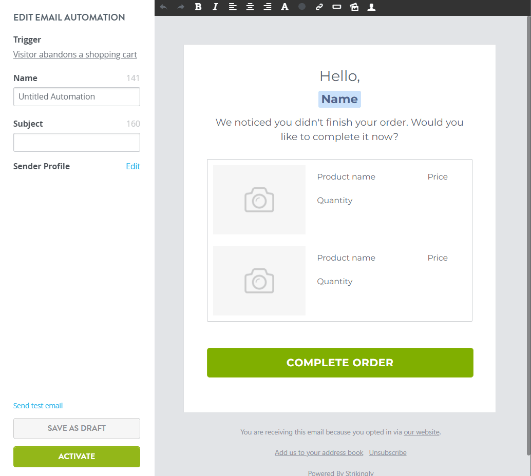 Strikingly email automation editor with product-aware message content Strikingly email automation editor with product-aware message content