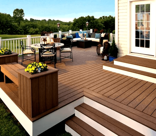 Beautiful patio featuring durable wood composite deck boards. Beautiful patio featuring durable wood composite deck boards.