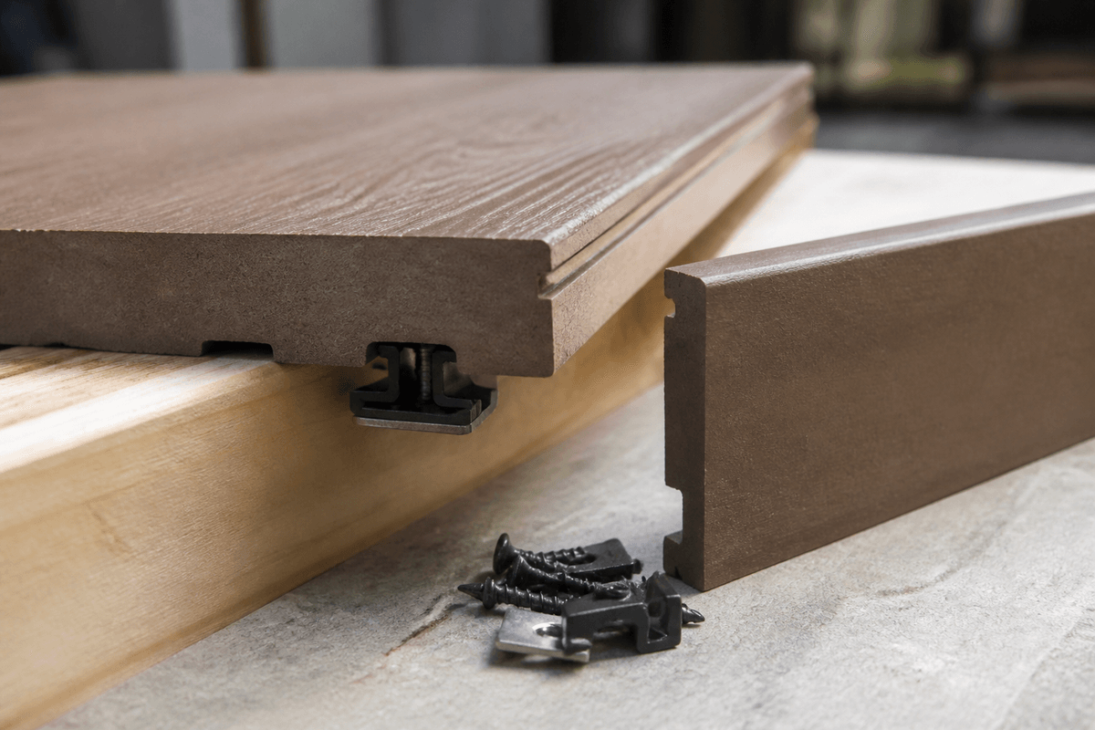 Close-up comparison of solid composite deck board edge and fastener detail Close-up comparison of solid composite deck board edge and fastener detail