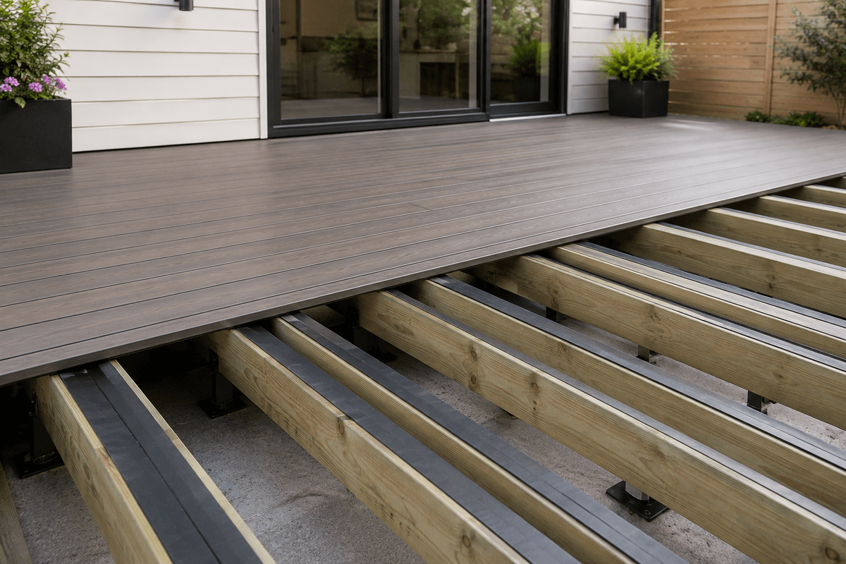 Long-lasting composite deck above protected framing Long-lasting composite deck above protected framing