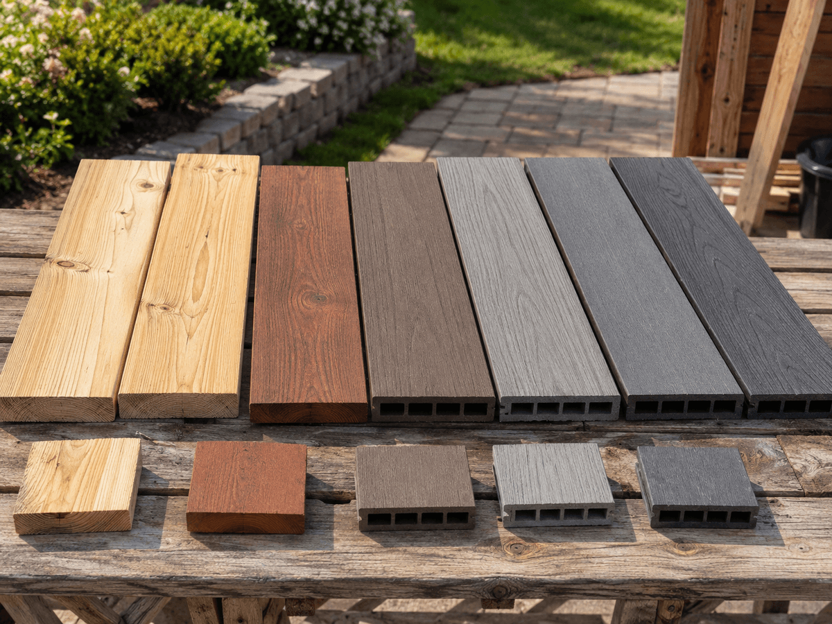 Budget deck material comparison with wood and composite samples Budget deck material comparison with wood and composite samples