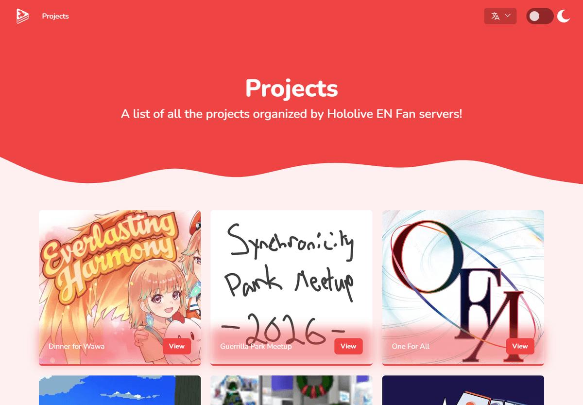 HoloEN.fans project directory showing cards for community fanbooks, events, art, and tribute projects. HoloEN.fans project directory showing cards for community fanbooks, events, art, and tribute projects.