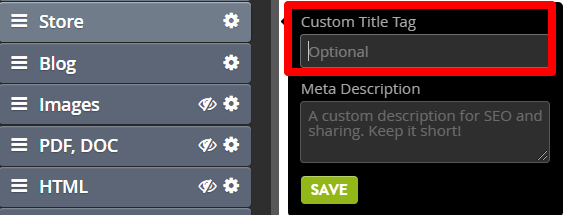 Strikingly page settings showing the custom title tag and meta description fields Strikingly page settings showing the custom title tag and meta description fields