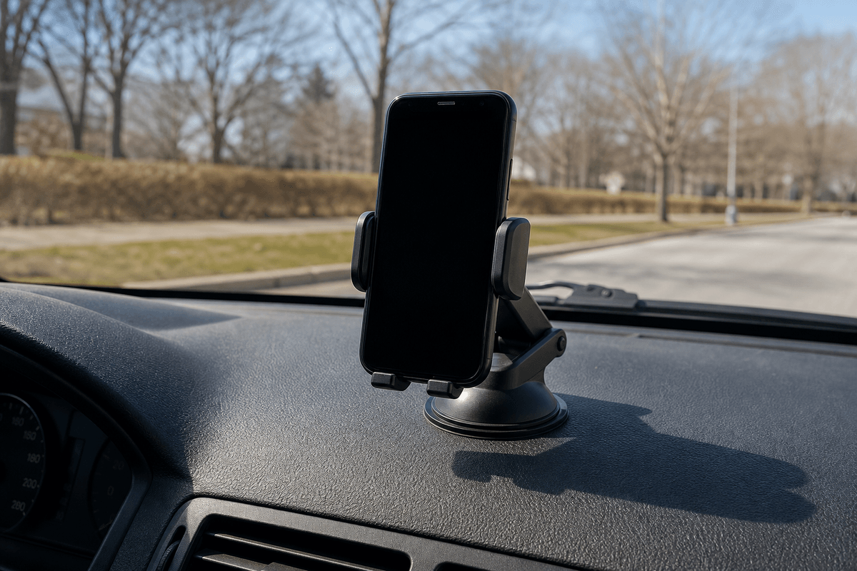 Car phone holder stability setup on a clean dashboard Car phone holder stability setup on a clean dashboard