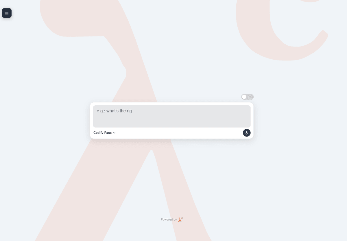 Codify Fans prompt interface with a central text field and voice input control. Codify Fans prompt interface with a central text field and voice input control.