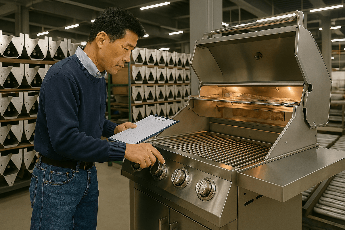 BBQ Grill Quality Inspection team assessing multiple grill types BBQ Grill Quality Inspection team assessing multiple grill types