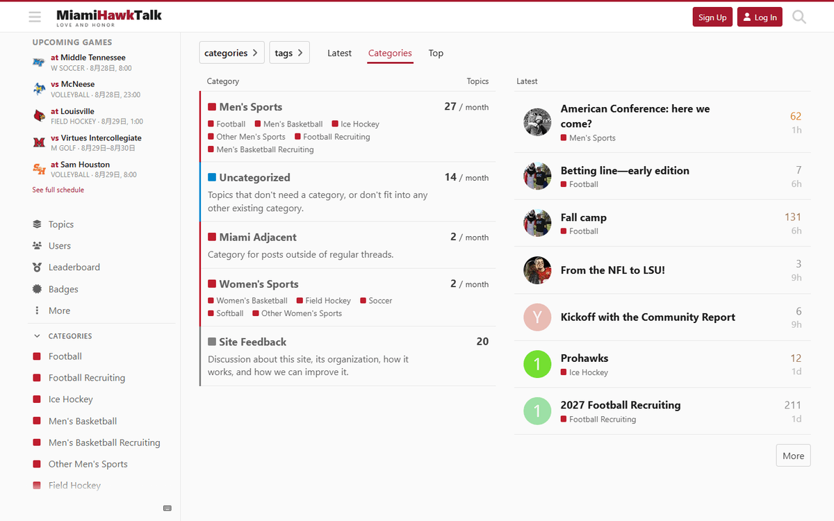 Forum category view organizing football, basketball, hockey, recruiting, and women's sports discussions. Forum category view organizing football, basketball, hockey, recruiting, and women's sports discussions.